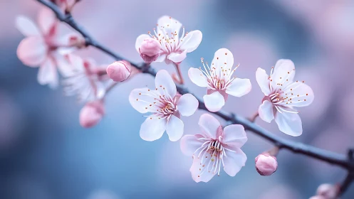 Delicate Pink and White Spring Blossoms on Branch