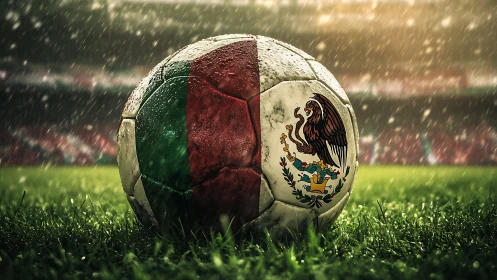 Rain-soaked Mexican soccer ball glowing on lush stadium turf.
