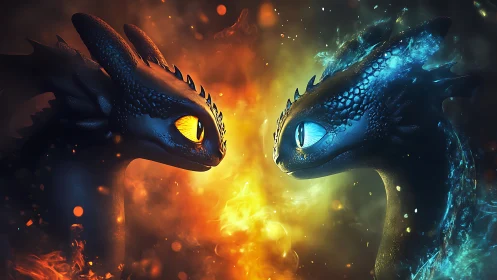 Elemental dragon duel in cinematic fire and ice contrast.