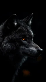 Midnight wolf gazes sideways while ember eyes quietly burn