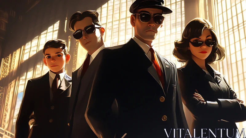 Four suited figures stand in backlit interior wearing sunglasses