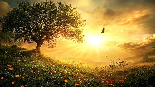 Sunlit meadow tree greeting a golden runaway sunrise.