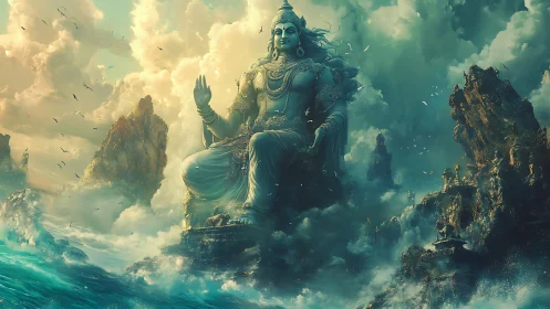 Monumental deity statue dominates stormy oceanic cloudscape scene