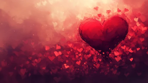 Giant red heart surrounded by floating particle hearts
