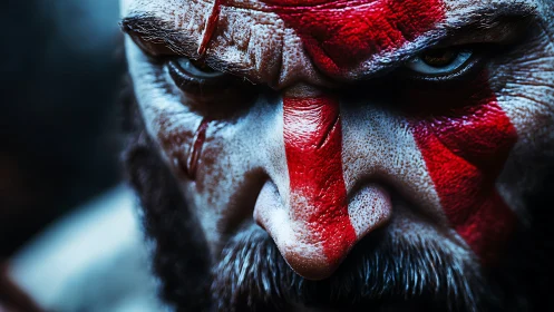 War-torn warrior’s painted glare burns through icy shadows