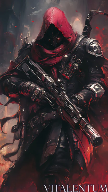 Red-hooded techno-assassin with rifle in burning ruins.