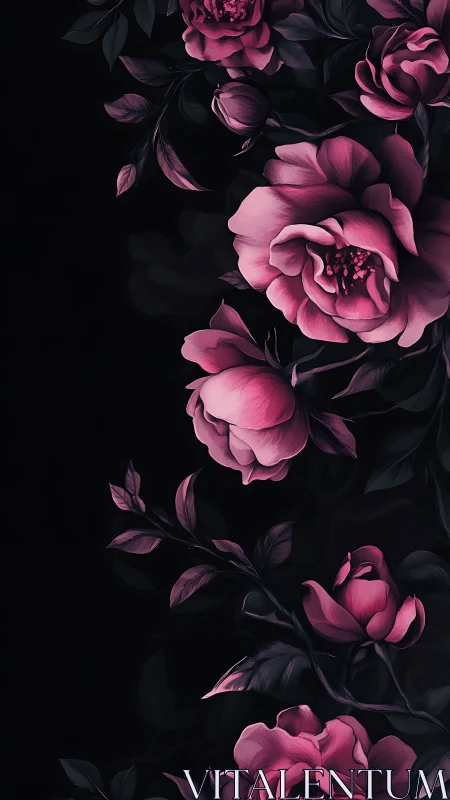 Dark Floral Composition with Pink Peonies Against Black.