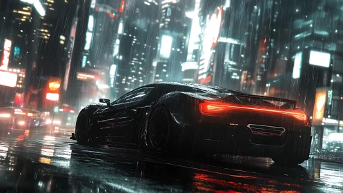 Neon rain crowns a midnight supercar poised to outrun tomorrow