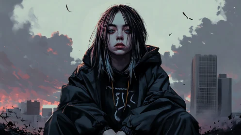 Solitary hooded figure sits before distant urban skyline