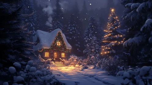 Snow-covered forest cabin glows with warm Christmas lights
