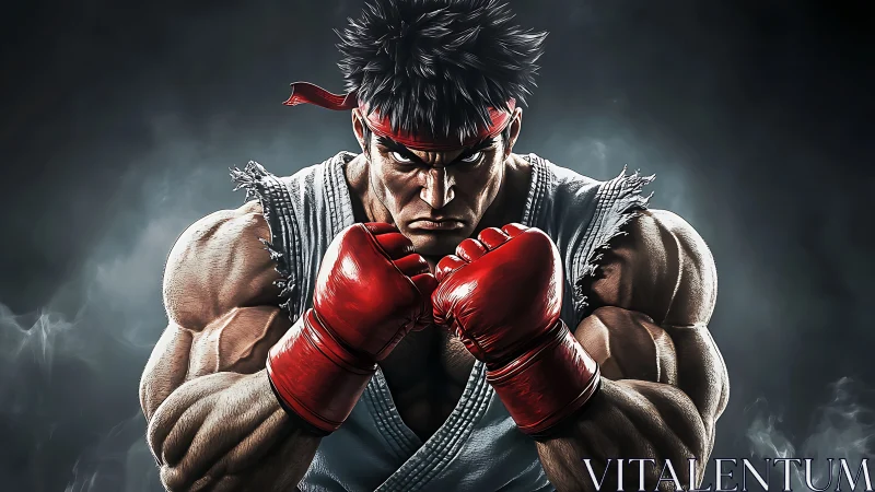 Martial artist in red gloves against dark smoky backdrop.