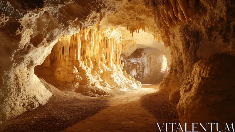 Speleothem corridor under warm diffused karst skylight glow.