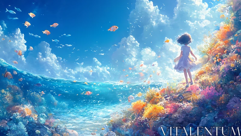 Sky-tipped shoreline lets a dreaming girl walk into waterlight