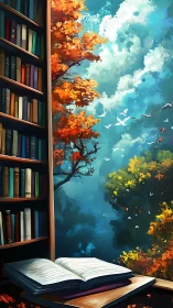 Open storybook bridges quiet library and vibrant forest sky