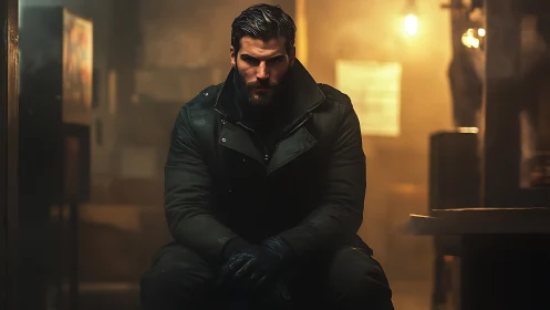 Brooding man in dark coat seated in cinematic low key light.