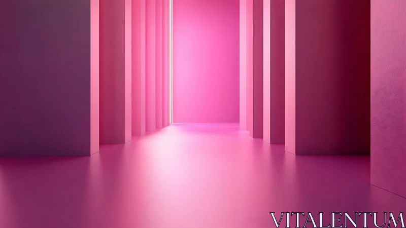 Neon pink corridor with geometric pillars and soft glow.