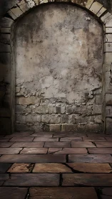 Weathered stone alcove with cracked plaster wall and tiles