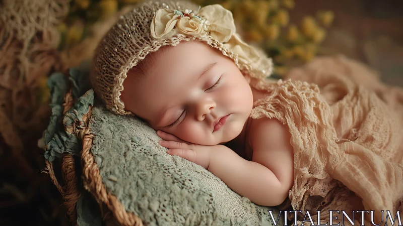 Sleeping Newborn in Cream Bonnet and Lace Wraps.