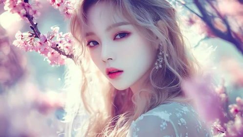 Blossom-veiled muse gazes through pastel spring reverie.