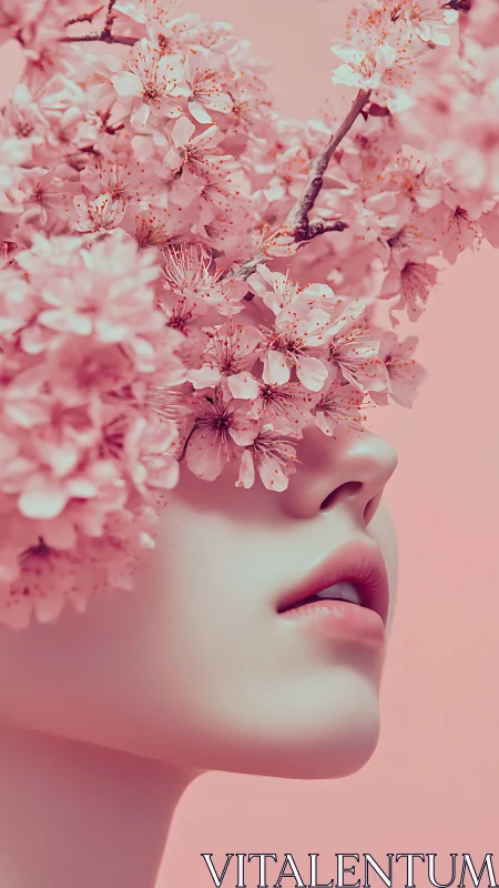 Soft surreal portrait merges feminine beauty with cherry bloom