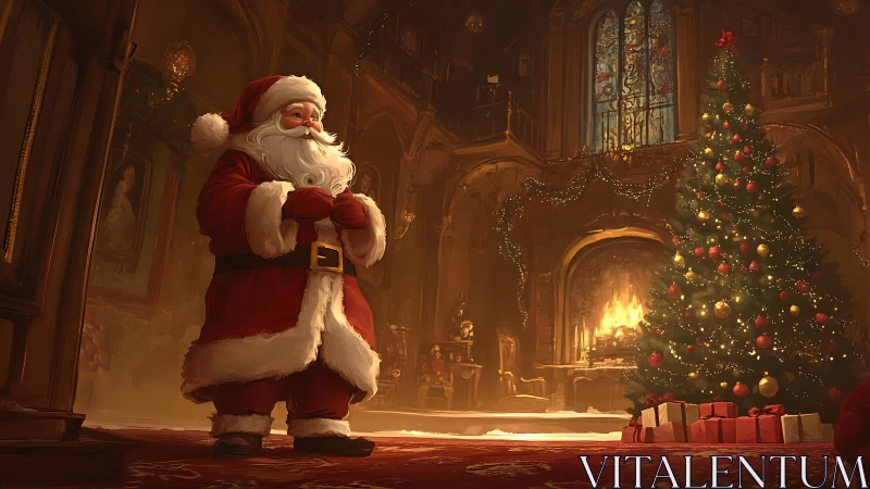 Santa pauses by the glowing tree in a golden holiday hall.