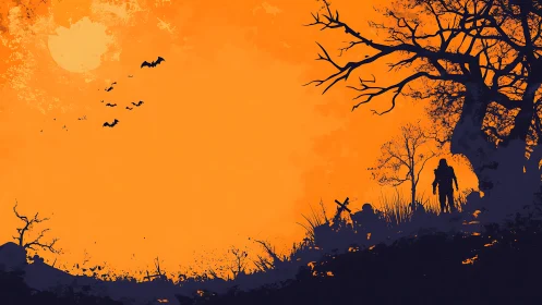 Silhouetted wanderer under orange night sky at graveyard.