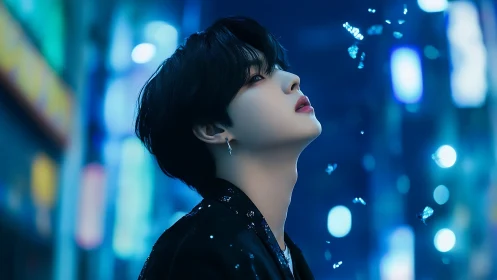 Pensive youth gazes upward amid neon city night glow