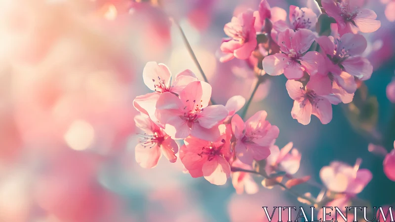 Pink spring blossoms in soft focus with warm golden sunlight