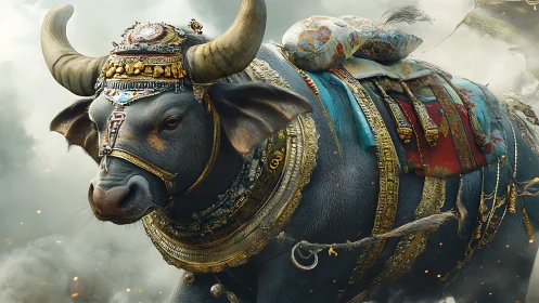 Regal armored water buffalo in ornate ceremonial harness.