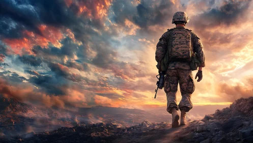 Sunset-soaked soldier strides toward the storm-bright horizon