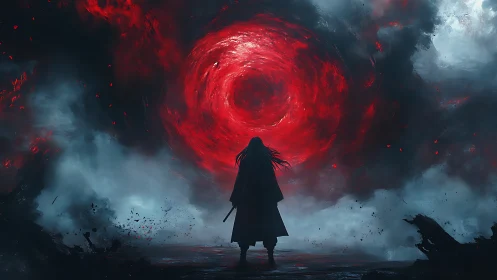 Lone wanderer before the swirling crimson storm portal.