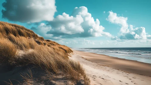 Coastal dunes and turquoise sky in high-contrast daylight seascape.