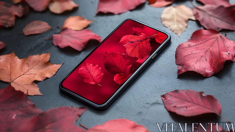 Cozy smartphone scene wrapped in vivid autumn leaves.