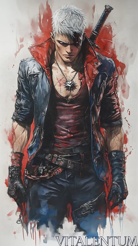 White-haired warrior in leather coat rendered as dynamic ink study