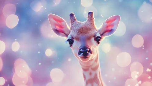 Baby giraffe daydreams softly amid pastel bokeh starlight