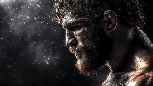 Sweat drenched fighter under cinematic storm backlight.