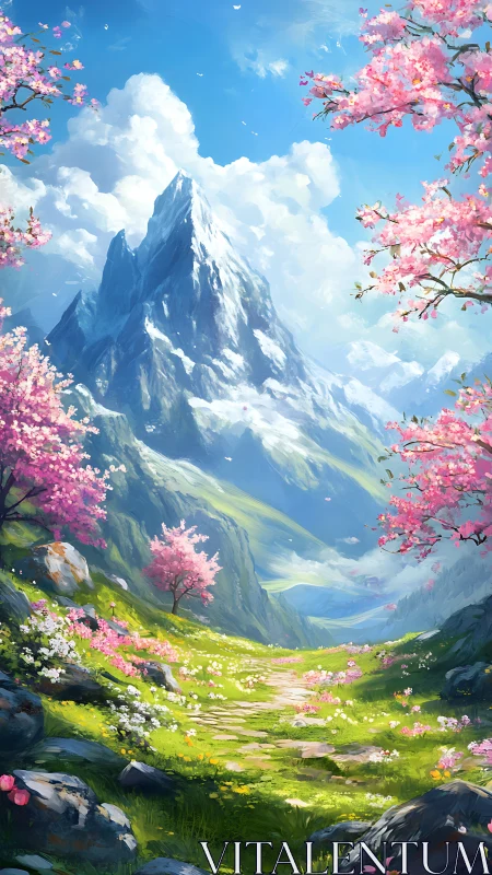 Alpine valley path with cherry blossom under glacial peak.