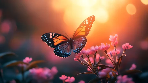 Butterfly with orange wings over pink flowers at sunset.