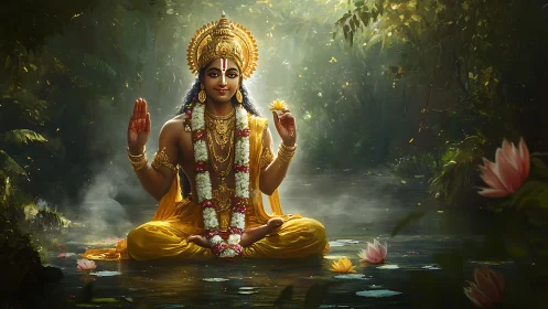 Serene golden deity meditating on lotus-filled forest pond.