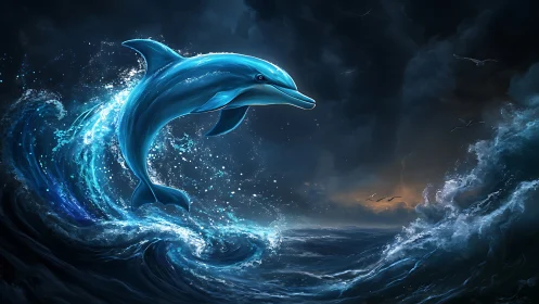 Luminous dolphin arcs above stormy bioluminescent ocean waves