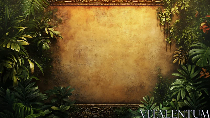 Golden jungle frame surrounds warm textured background.