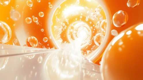 Abstract tunnel of orange and white light with floating bubbles.