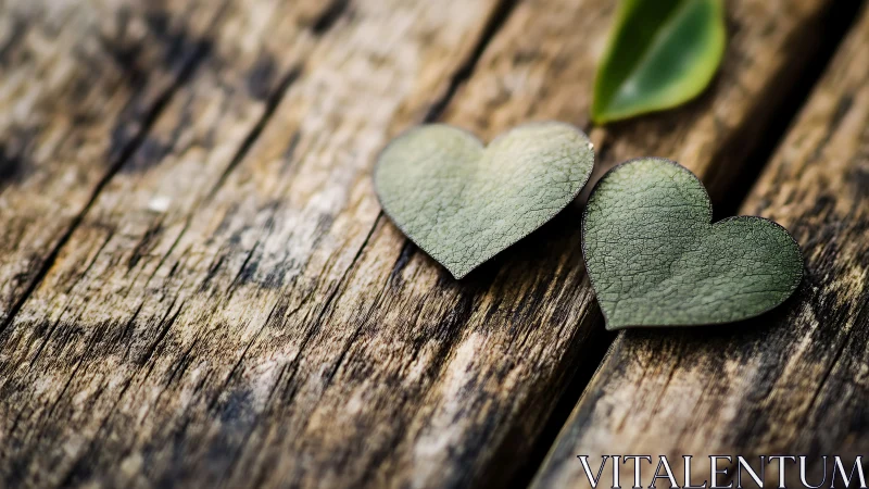 Sculptural Heart-Shaped Botanical Forms on Weathered Wood Surface.