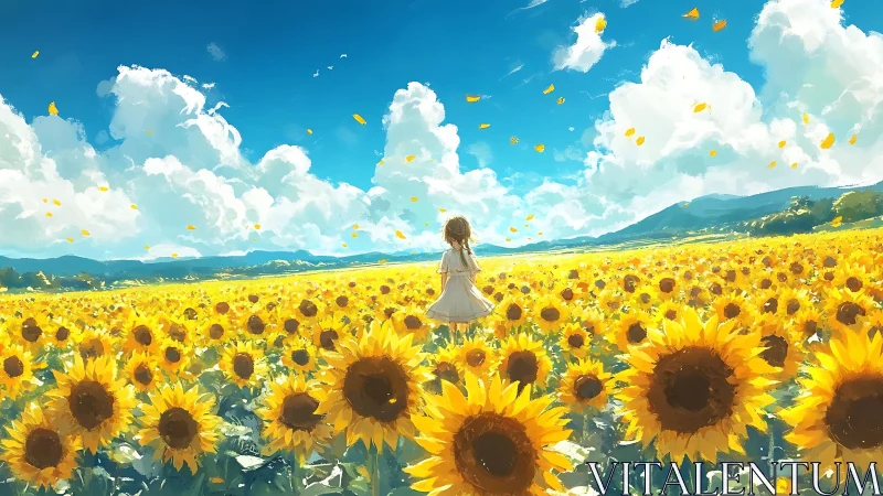 Girl stands in wide sunflower field under bright blue sky