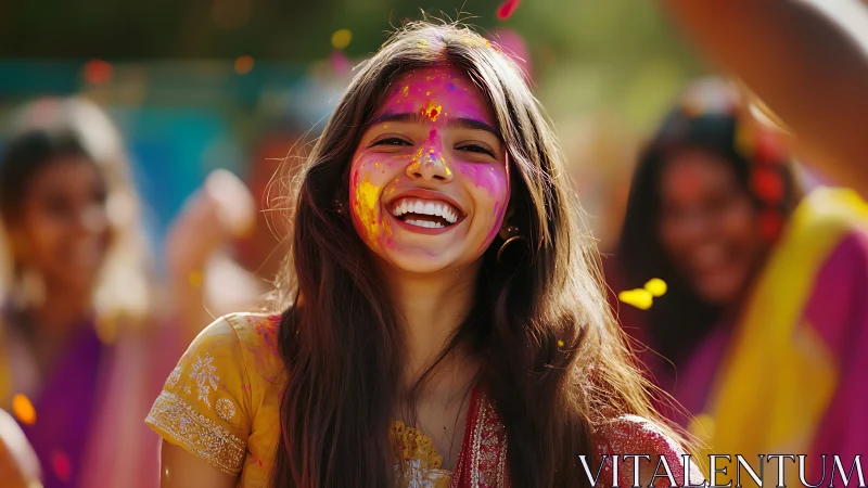 Joyful woman celebrating Holi with vibrant colors in candid style.