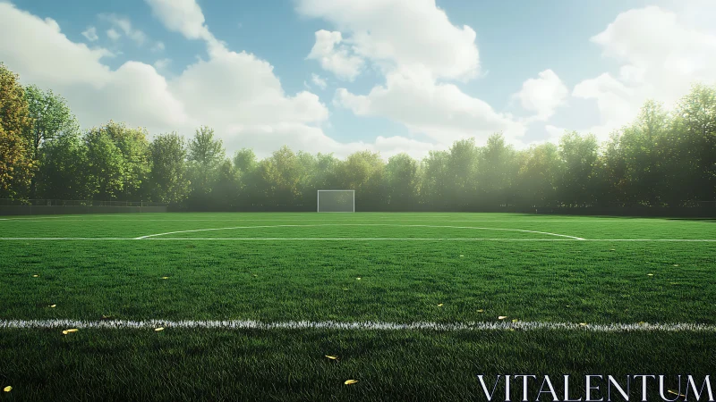 Sunlit soccer field waiting quietly for the next game.