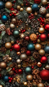 Ornamental Christmas baubles with pinecones and berries cluster.
