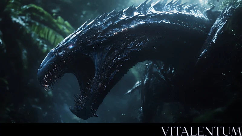 Alien reptilian creature lurking in dark jungle environment.