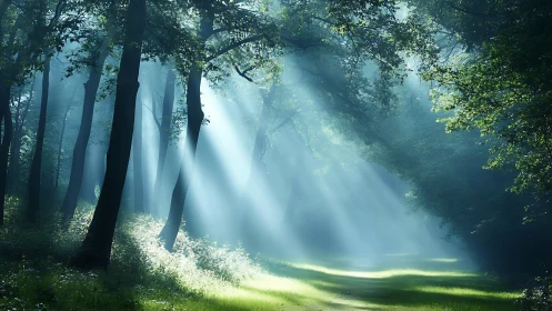 Sunbeams Filtering Through Lush Green Forest in Morning Light.
