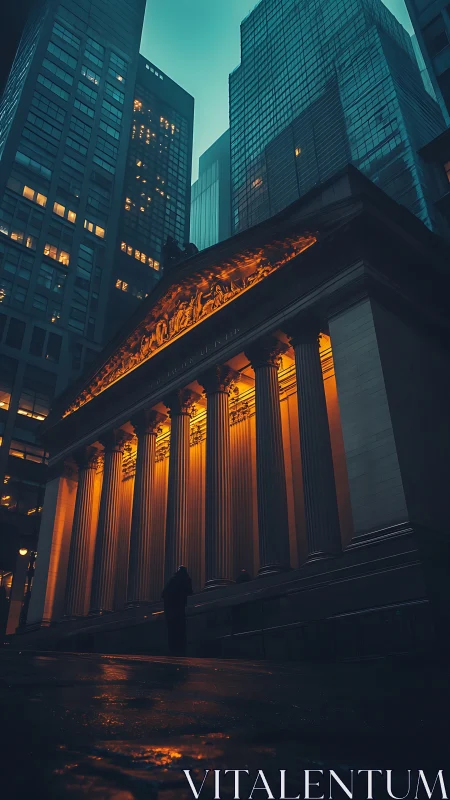 Neoclassical fa&ccedil;ade glowing beneath cold glass towers.
